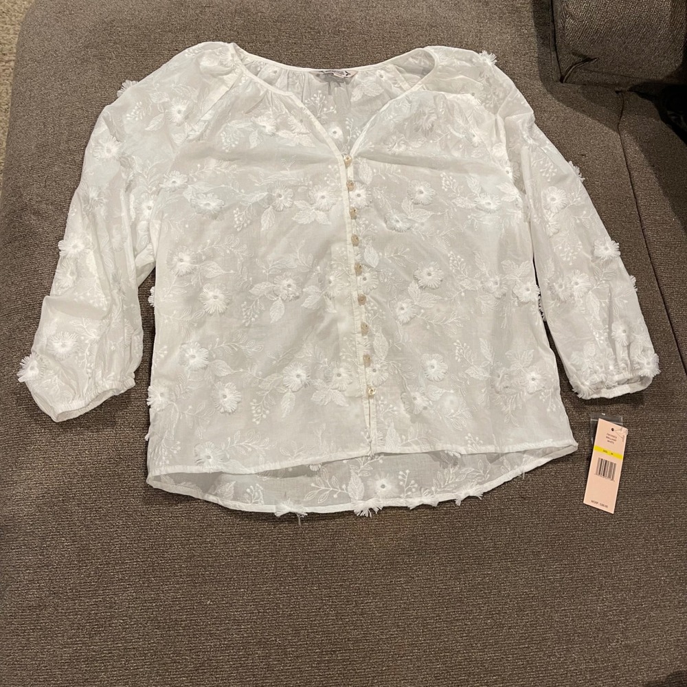 Nanette Lepore White Floral Embroidered Button-Down Blouse
